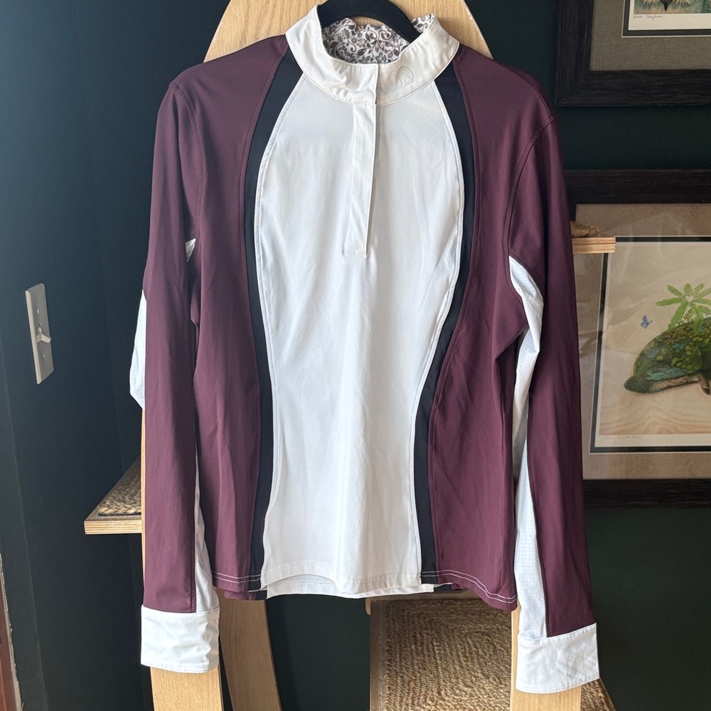 Kerrits White and Burgundy Long-Sleeve Affinity Show Shirt XL